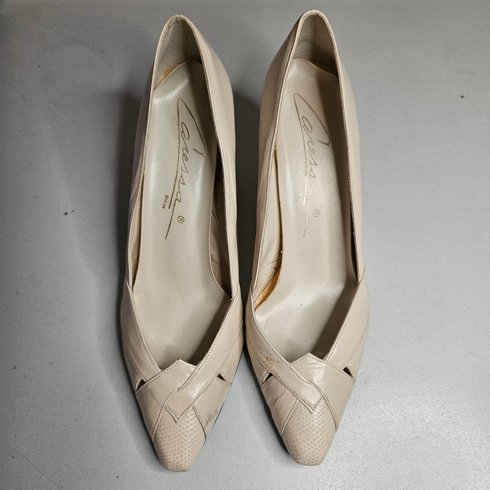 Caressa Spain Vintage Cream Leather Lizard Embossed Pointed Toe Pumps 7.5M 74472